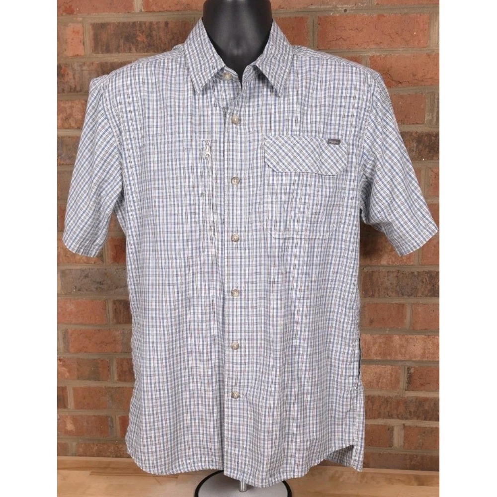 Eddie Bauer Travex Medium Short Sleeve Blue Plaid Utility Shirt Vented Hiking